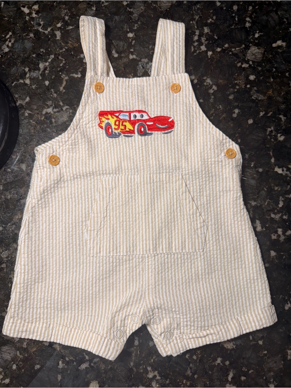 Disney/Pixar Lightening McQueen Tan & White Seersucker Overalls Sz 3/6M